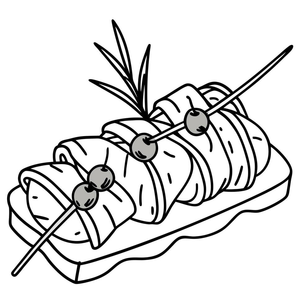 gourmet bacon-wrapped prosciutto skewers on bread with herbs and black olives, illustration vector