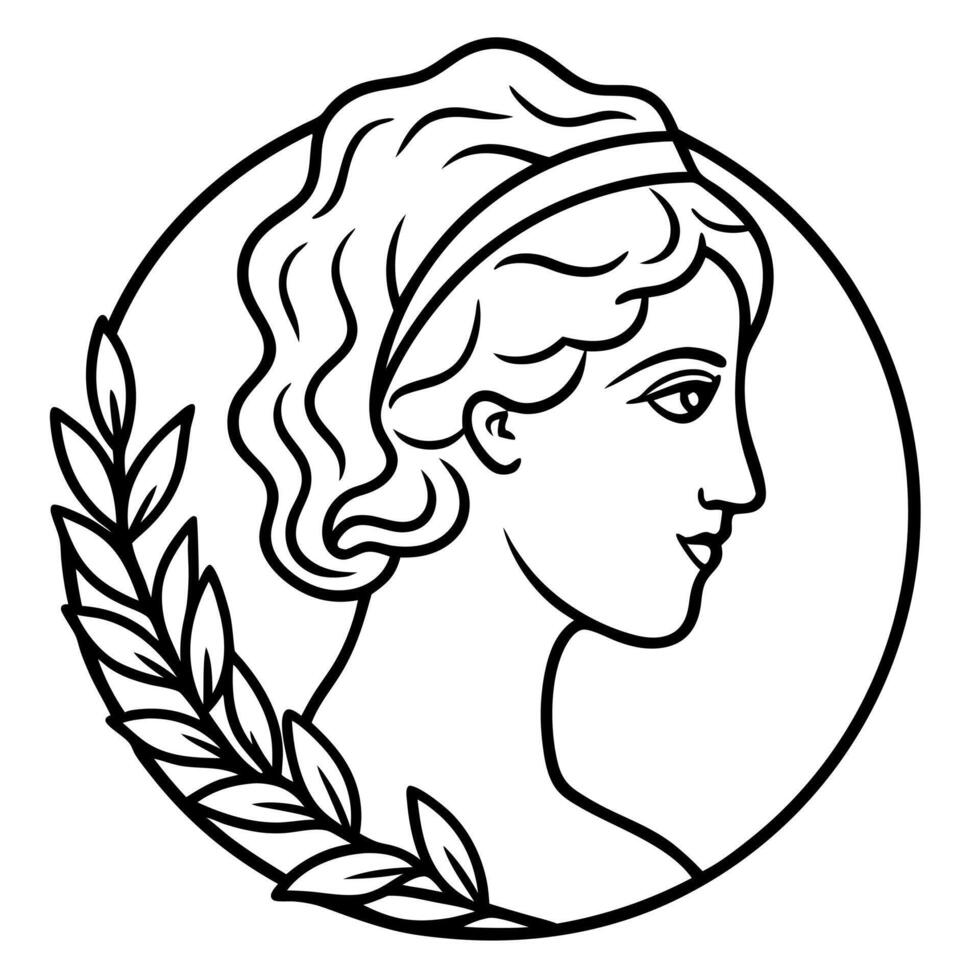 logo from the lines of the ancient greek muse clio in profile with olive branch in her hair, vector