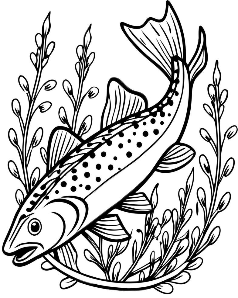 a brook trout swiming background have water plants and water details, illustration line art vector