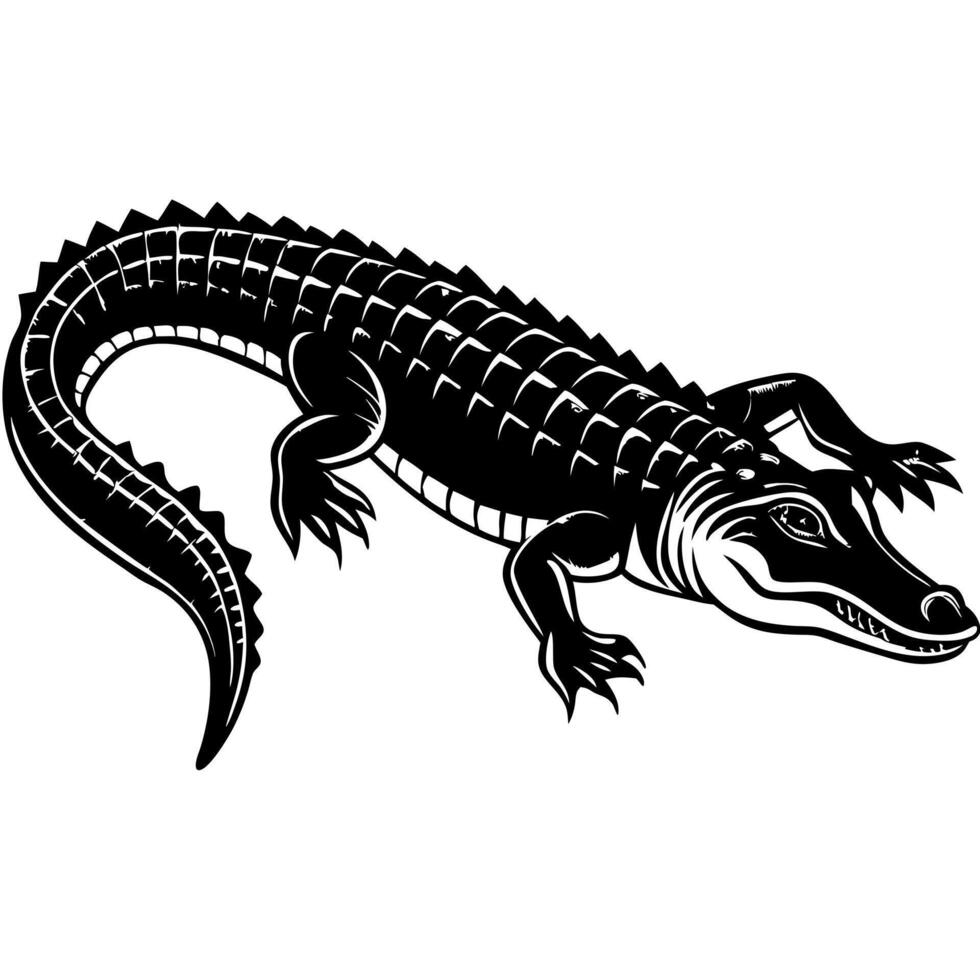 black alligator silhouette illustration, solid white background, illustration line vector