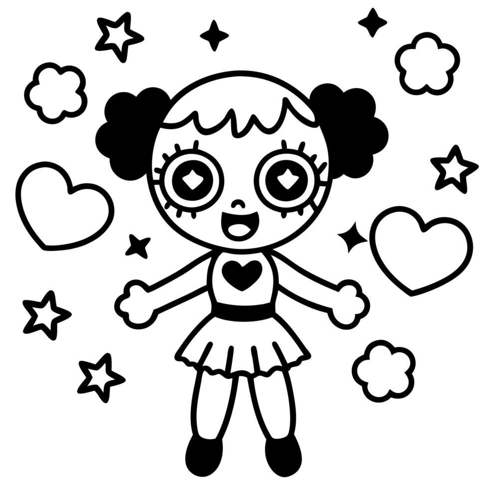 kawaii zombie cheerleader with extra big shiny eyes and hearts, stars and clouds around, vector