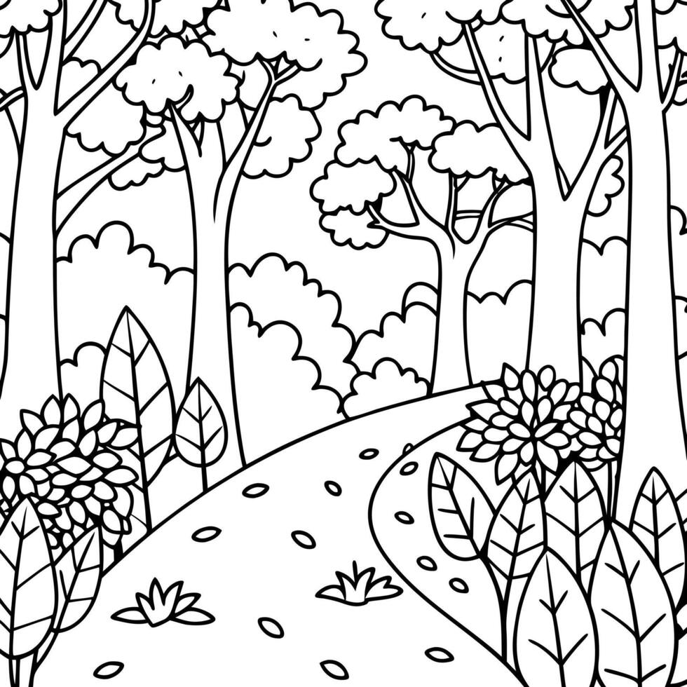 a french forest path with leaves lying on the path and trees on the left side, white background, vector