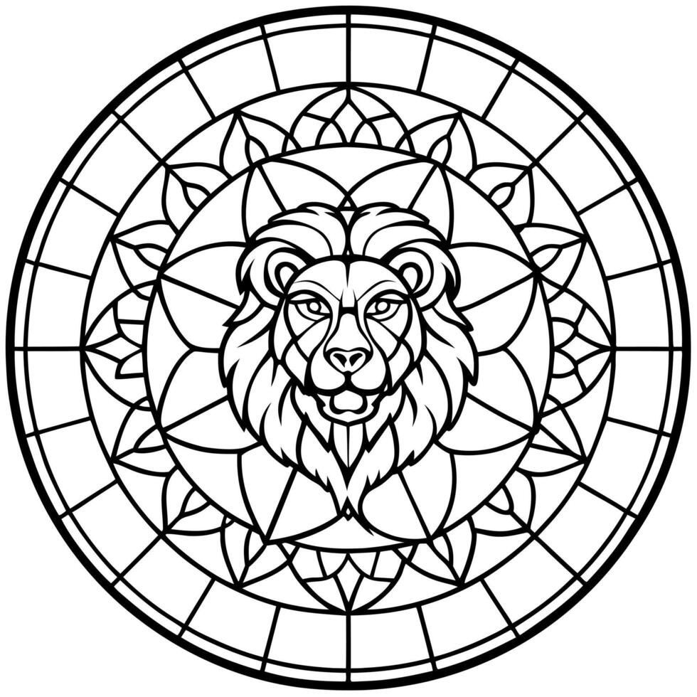 detalled stained glass rose window, lion, illustration line art vector