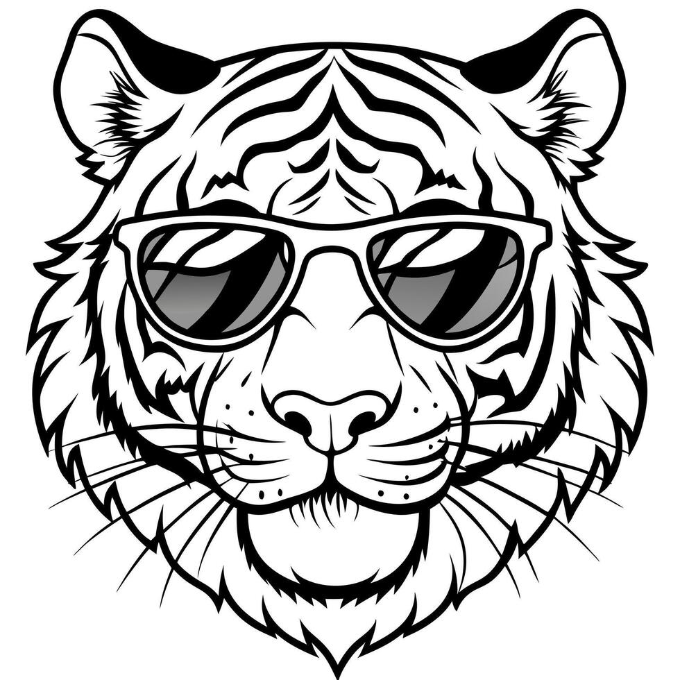 2d illustration design a tiger head waring sunglasses, illustration line art vector