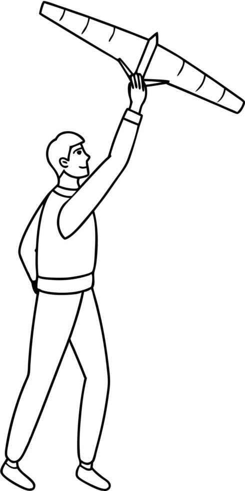 a man launches a glider plane, illustration line art vector