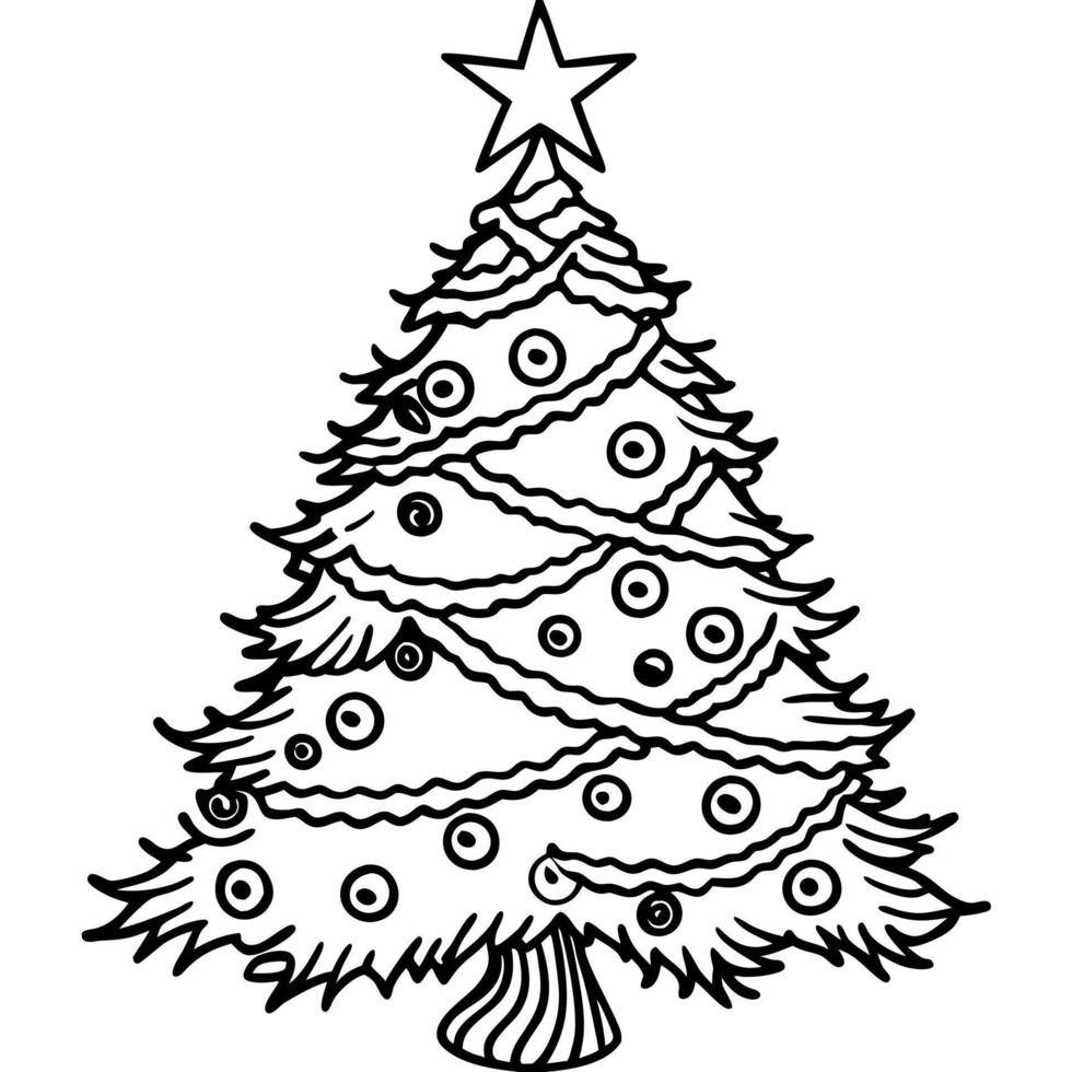 a christmas tree with tinsel, baubles, and a bright star on top, illustration line art vector