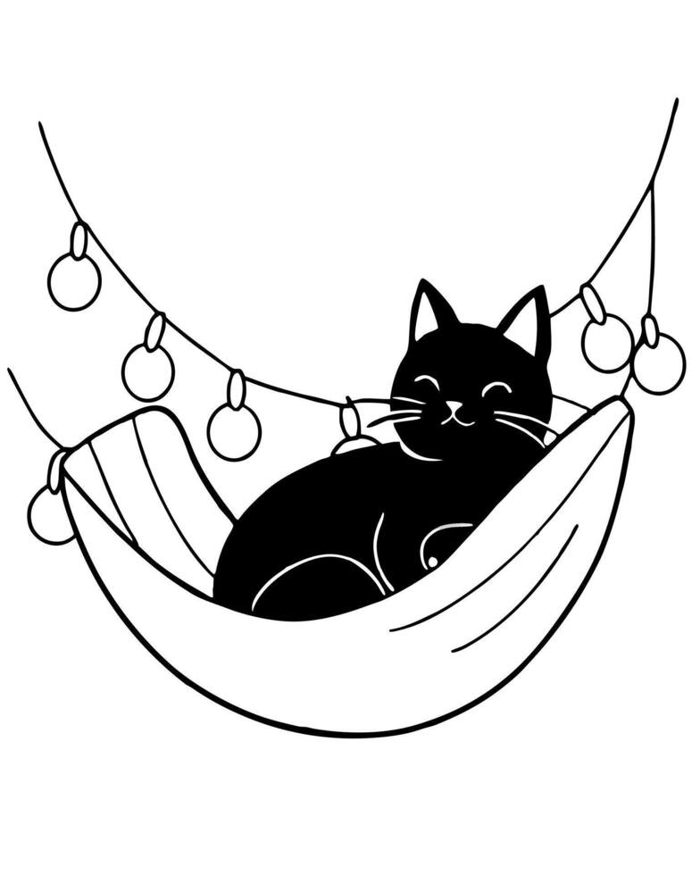 a black cat in a cozy hammock with halloween lights, coloring book, illustration line art vector