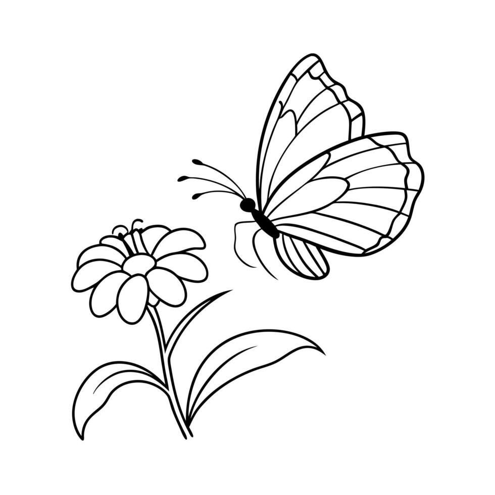 a butterfly is extracting nectar from a violet flower, illustration line art vector