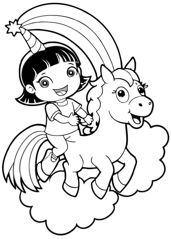 dora the explorer bermain bersama unicorn berponi di atas awan berpelangi, illustration line vector