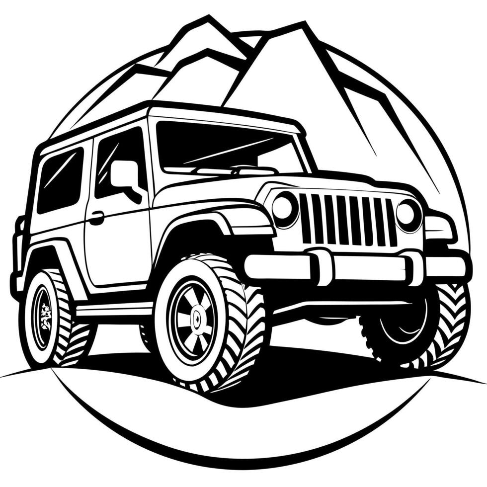 black and white off-road jeep silhouette black and white illustration, illustration vector