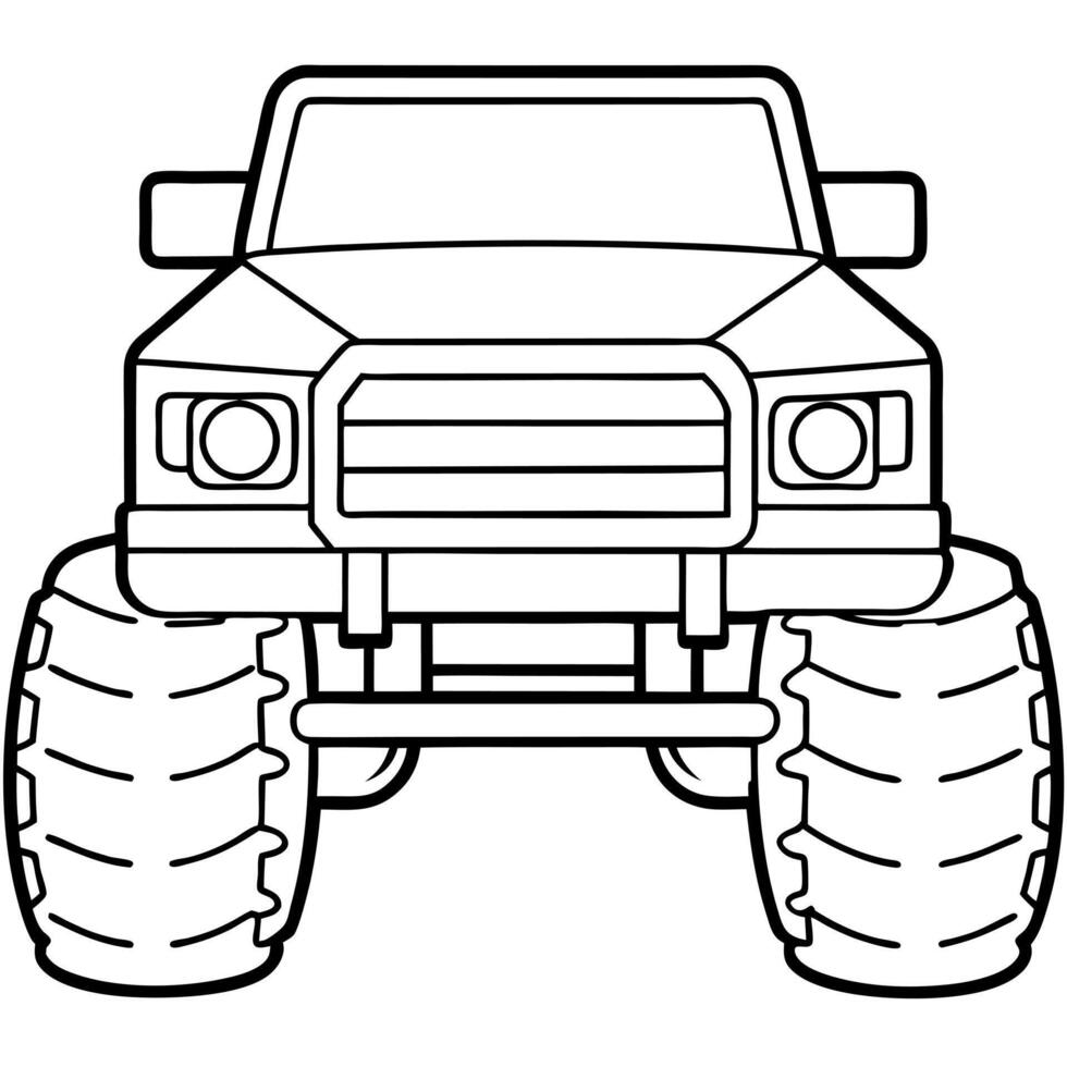 a sleek monster truck outline showing its large wheels, high suspension, and angular body the vector