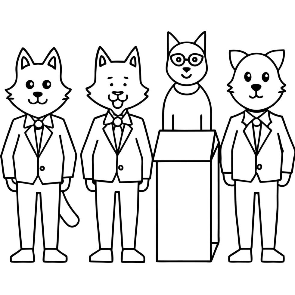 a group of cartoon cats and dogs, dressed in suits and ties, stand behind a row of voting booths, vector