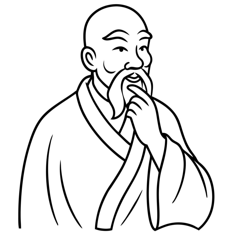 an ancient chinese sage, touching his beard with his hand, illustration line art vector