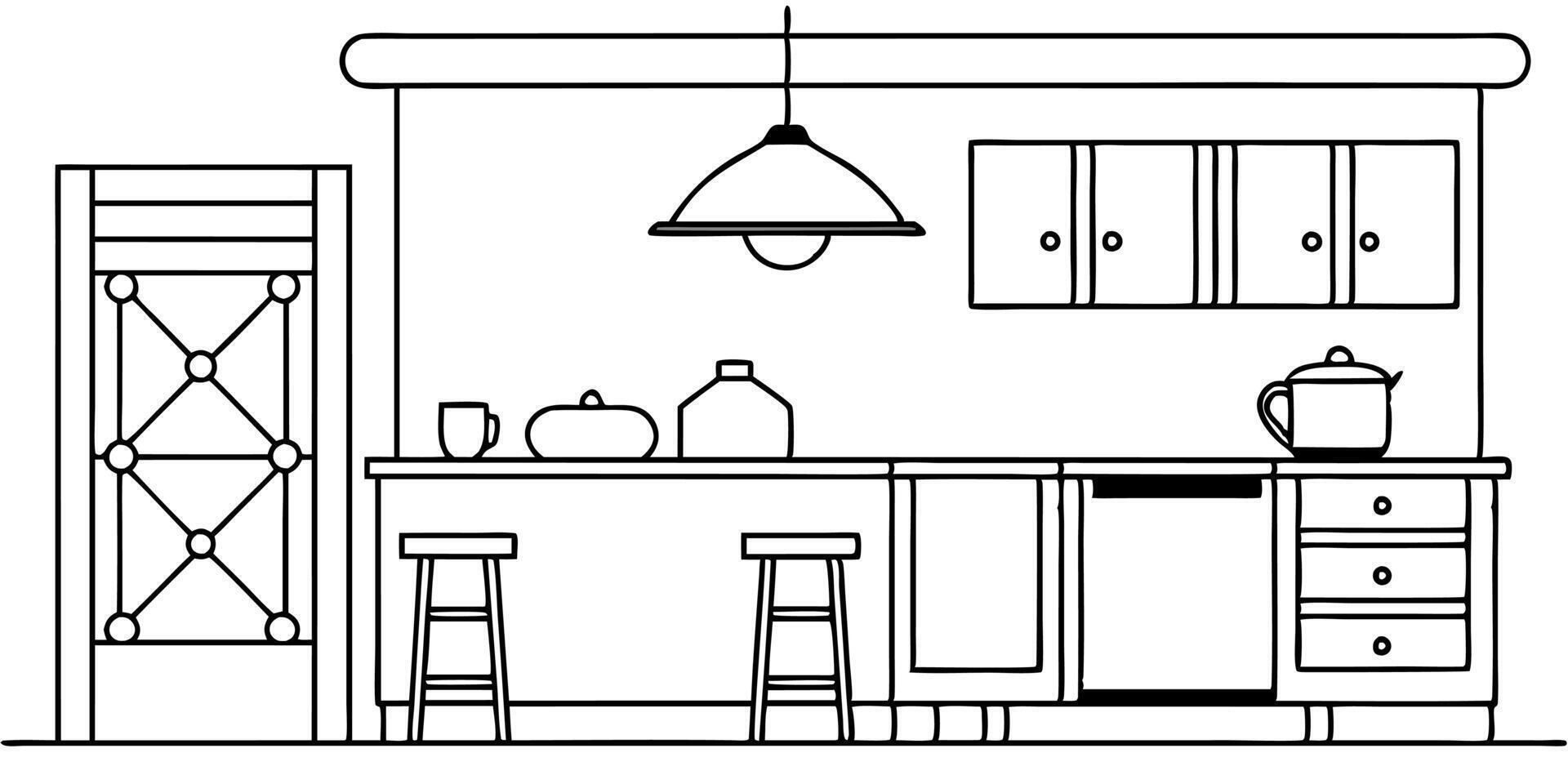 terracotta tiles, white cabinetry, a wooden dining table, and wrought iron light fixtures, vector