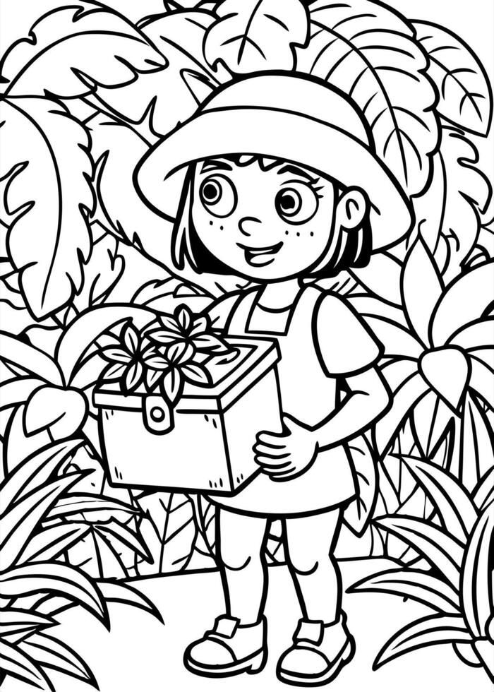dora the explorer with pandora box in the jungle, illustration line art vector