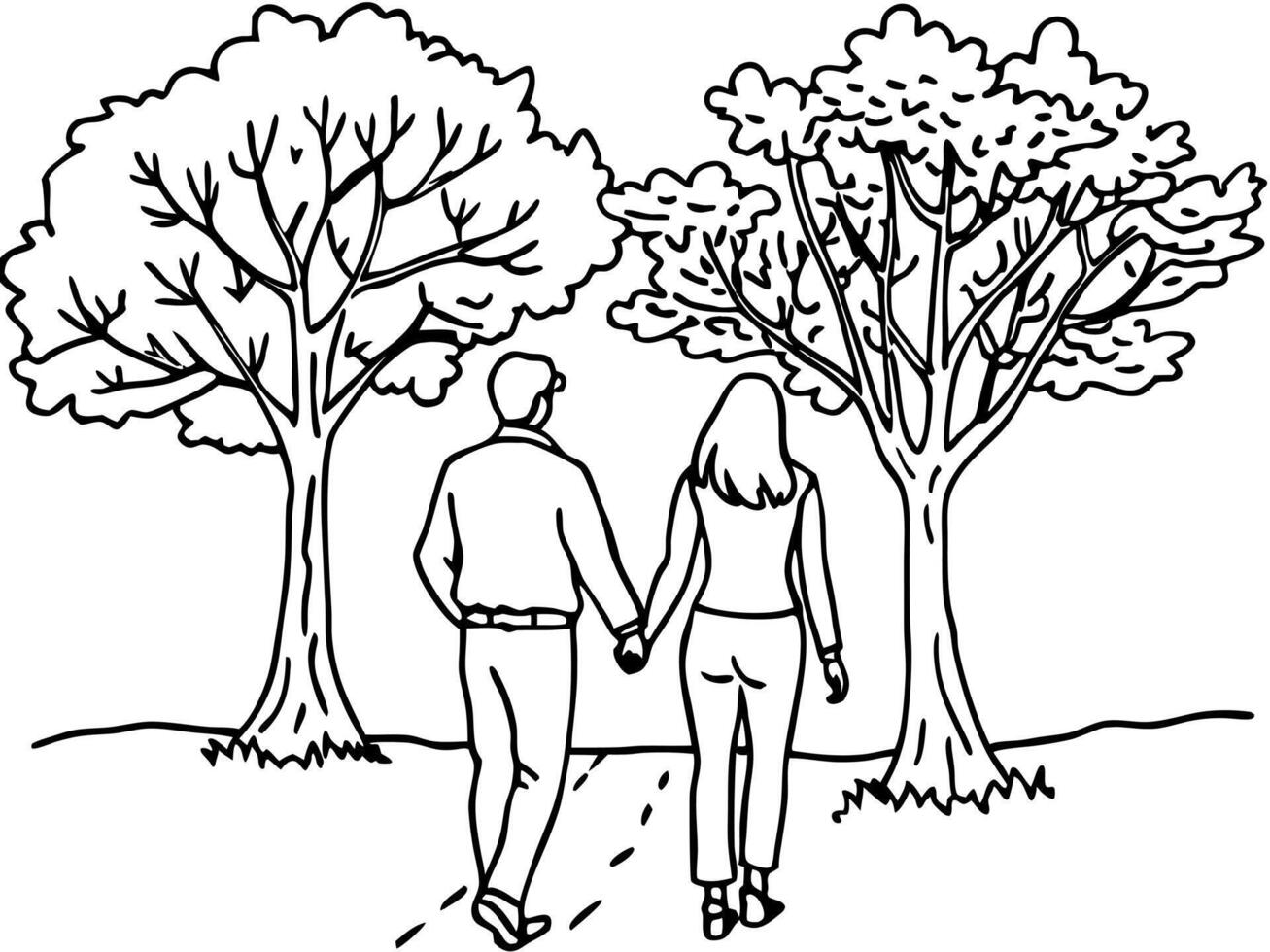 creat a couple walking hand in hand under a tree, serene moment of love and companionship, vector