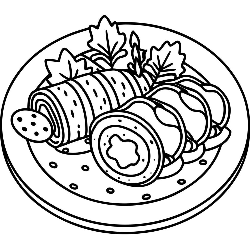 german pork roulades with vegetables bacon and spicy gravy on a fancy plate, illustration vector