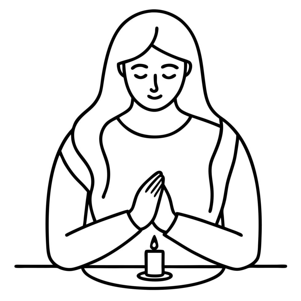 esposa sentada en la mesa rezando con una vela al centro, illustration line art vector
