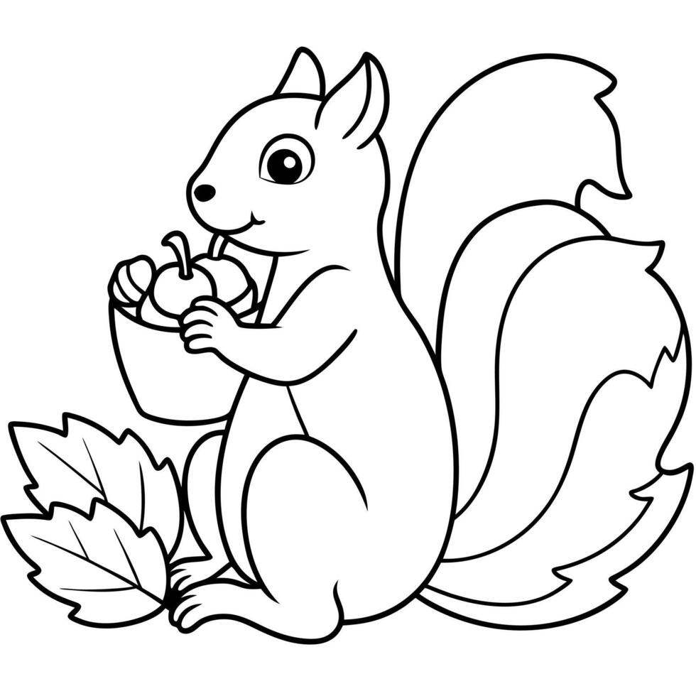 coloring page a squirrel enjoys warm apple cider while sitting in a pile of colorful autumn leaves vector