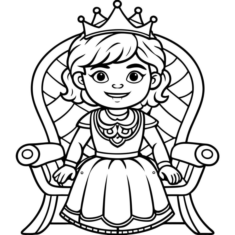cartoon style cute kid queen, sits on a throne in a fancy dress, illustration line art vector