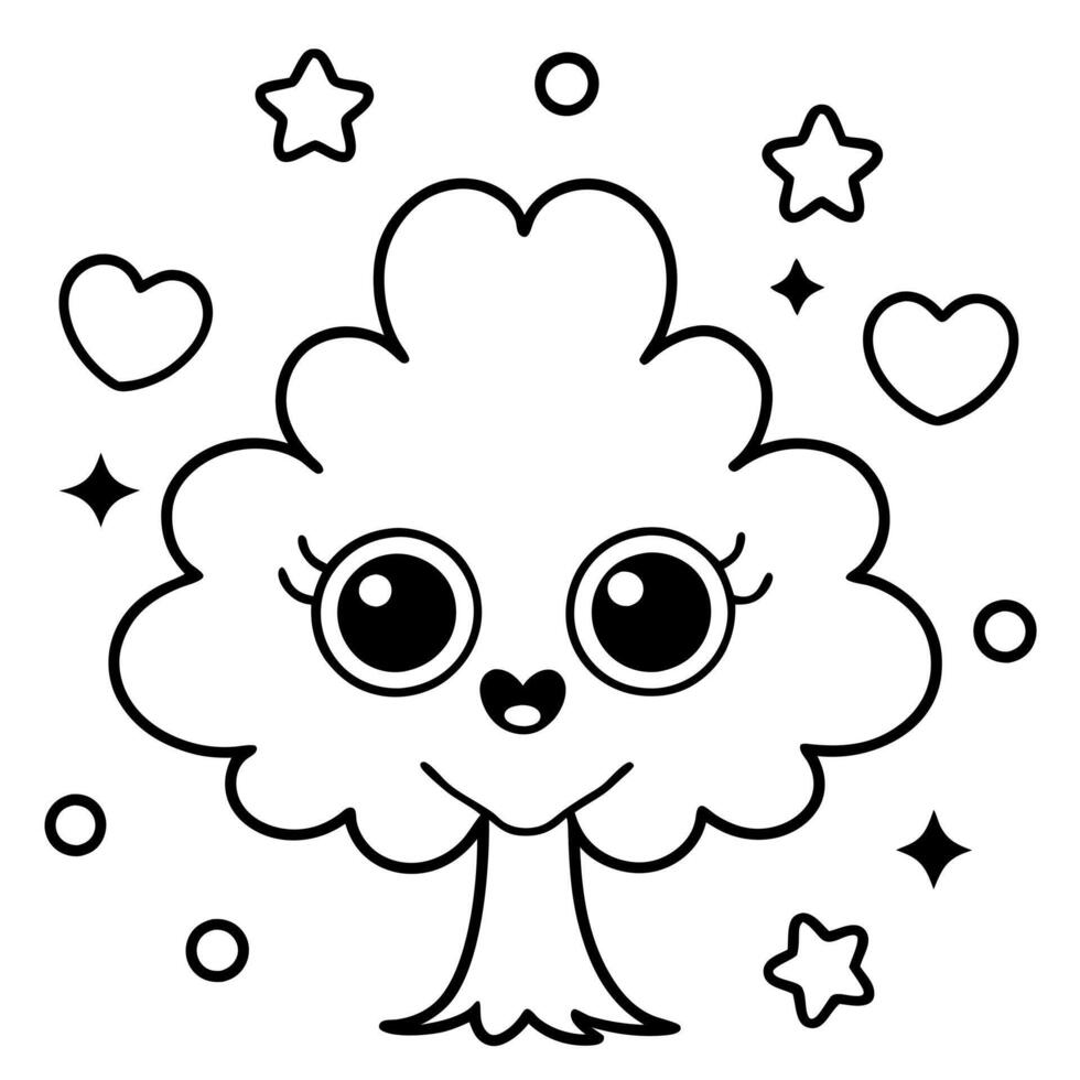 kawaii demonic tree with extra big shiny eyes and hearts, stars and clouds around, vector