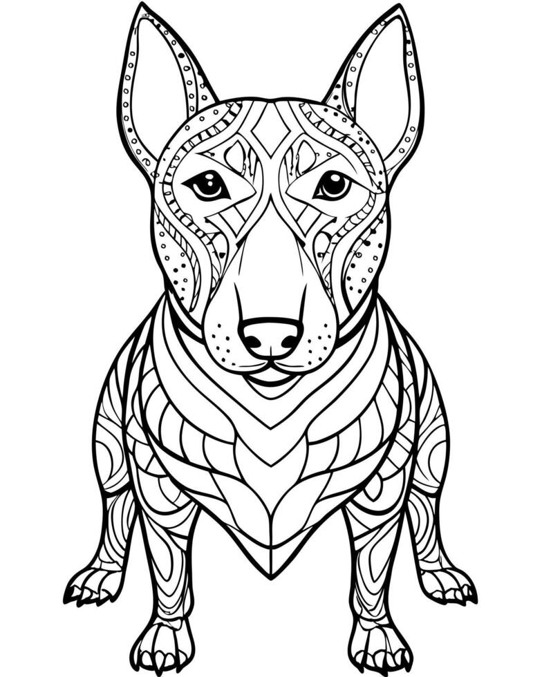 an intricate line art illustration of a bull terrier filled with detailed patterns and geometric vector