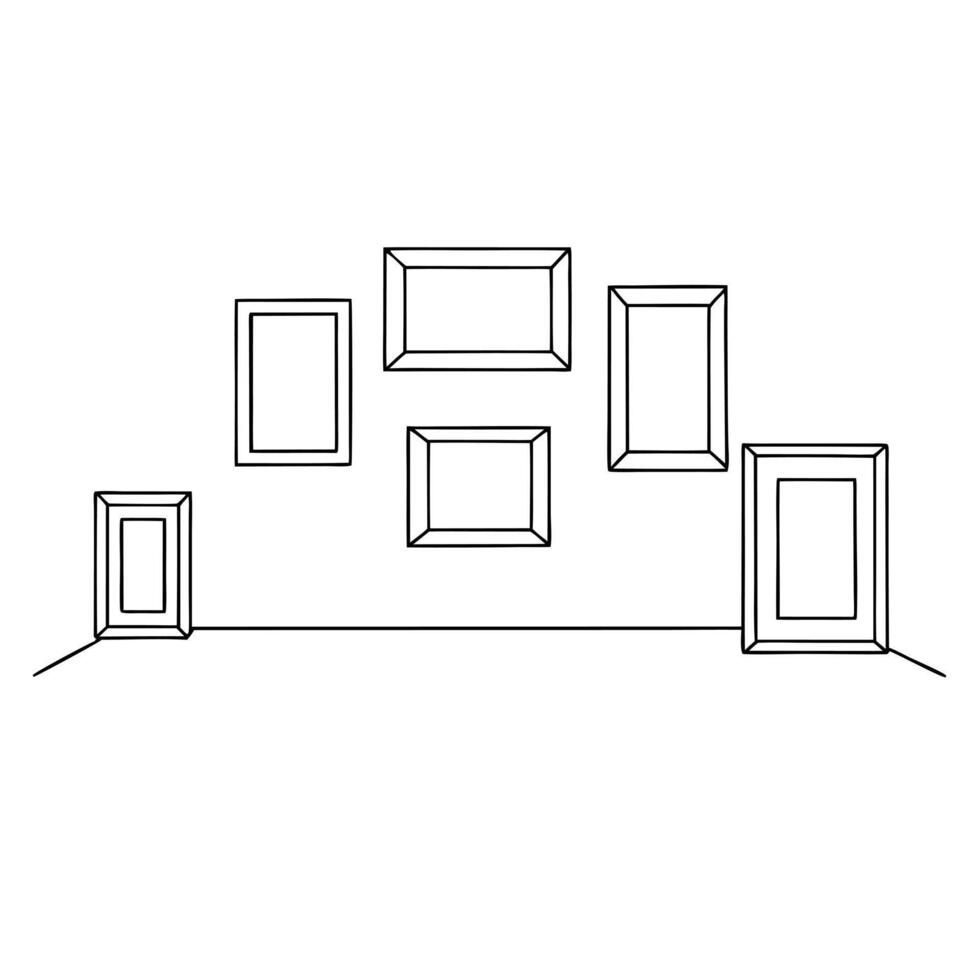 a gallery wall with frames and artwork, illustration line art vector
