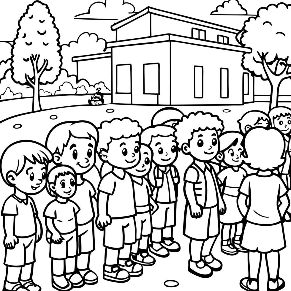 the schoolyard filled with kids forming a line in front of a friendly teacher, illustration vector