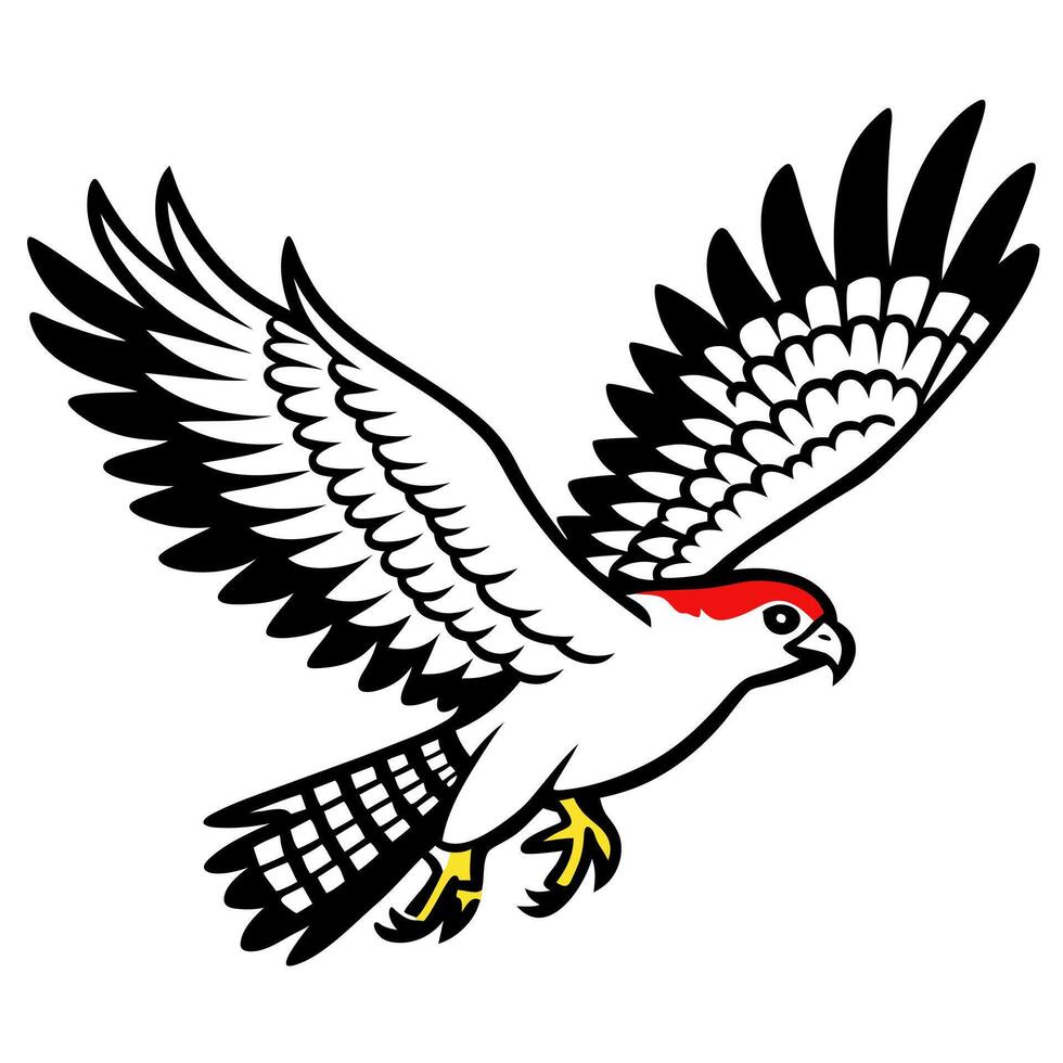 a detailed illustration of a black-tailed hawk in mid-flight, wings spread wide, with vector