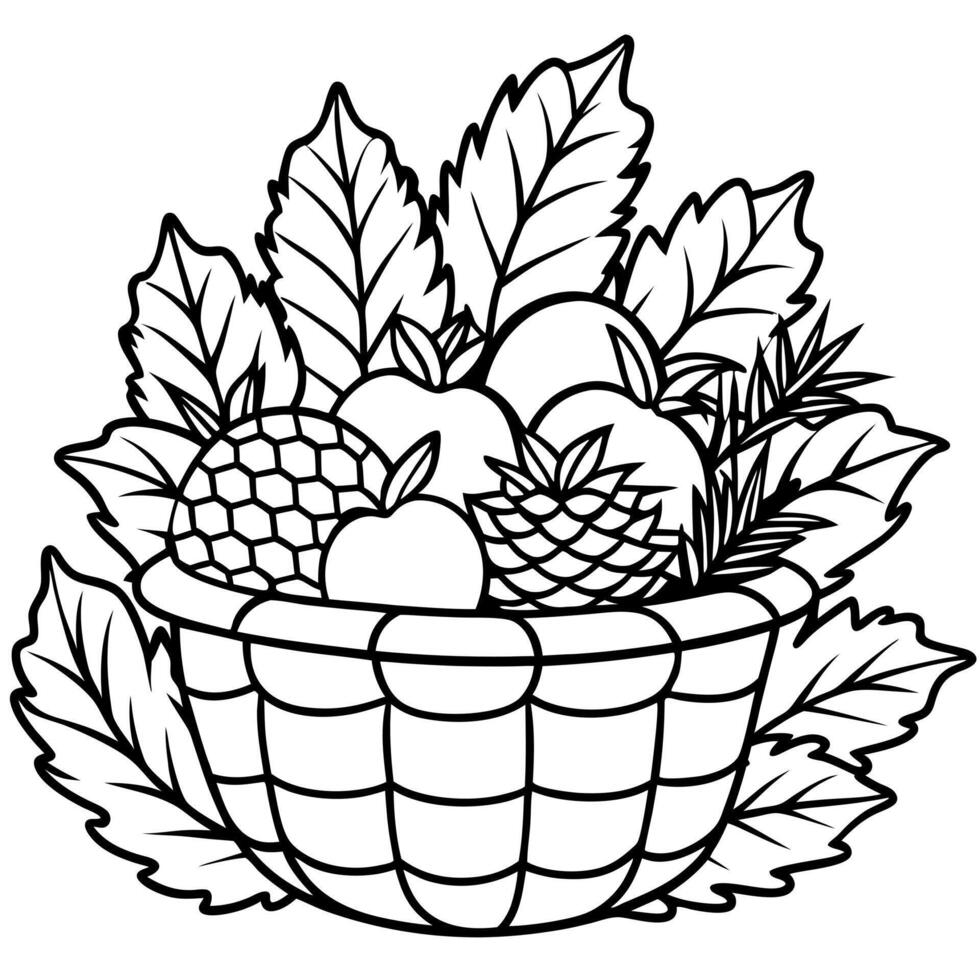 A basket full of fruit and leaves coloring page vector