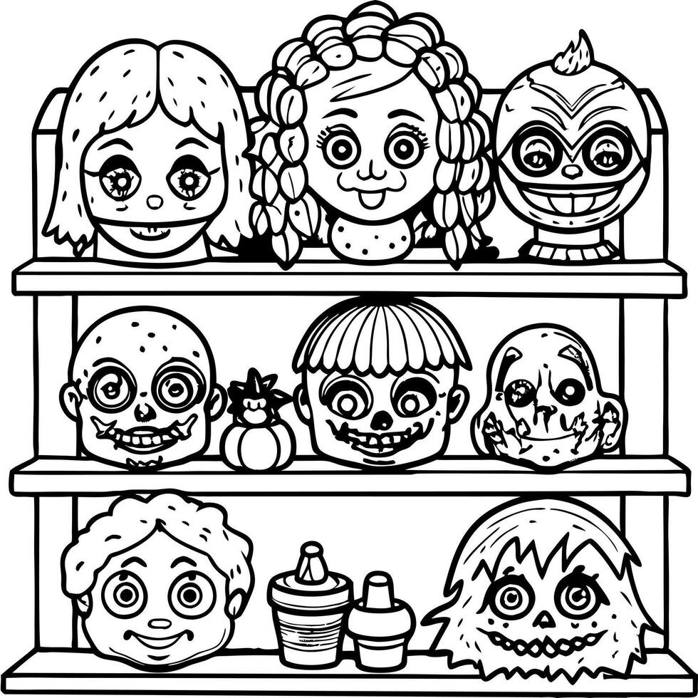 A black and white coloring page with a shelf full of scary dolls vector