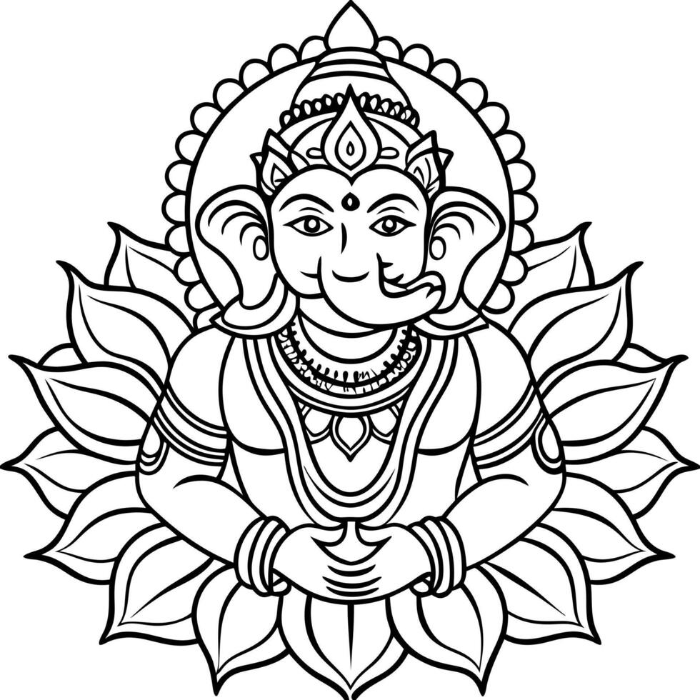 ganesha with lotus background, illustration line art vector
