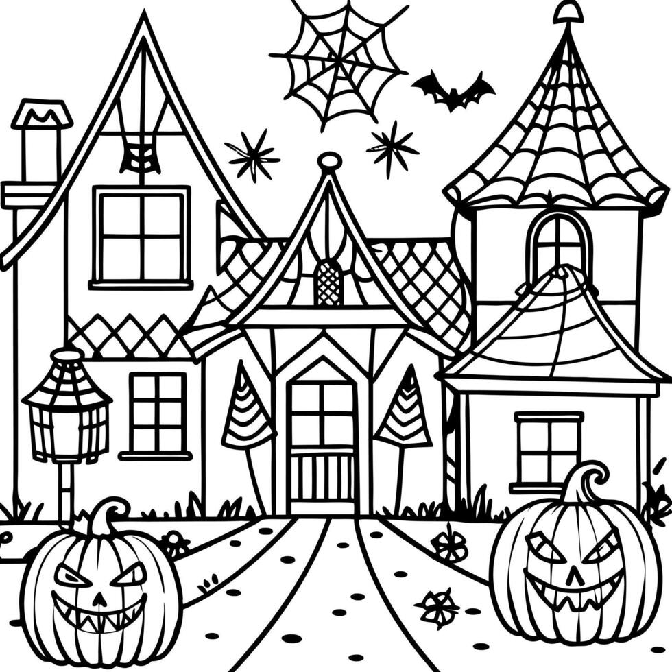 a cozy halloween village with little houses decorated with pumpkins and cobwebs, vector