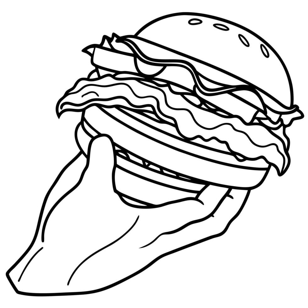 A hand holding a hamburger coloring page vector