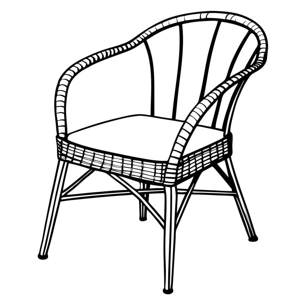 rattan dining chair with white background, illustration line art vector
