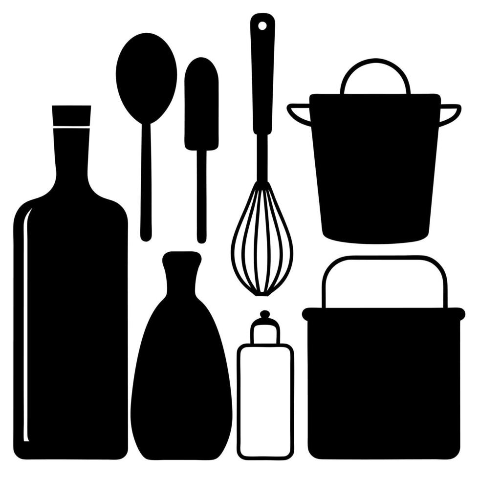 Kitchen utensils and kitchenware silhouette vector