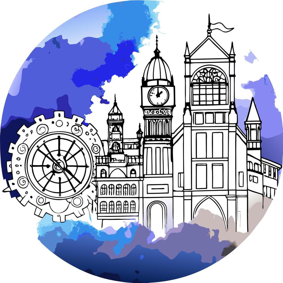 A blue and white drawing of a building with a clock vector