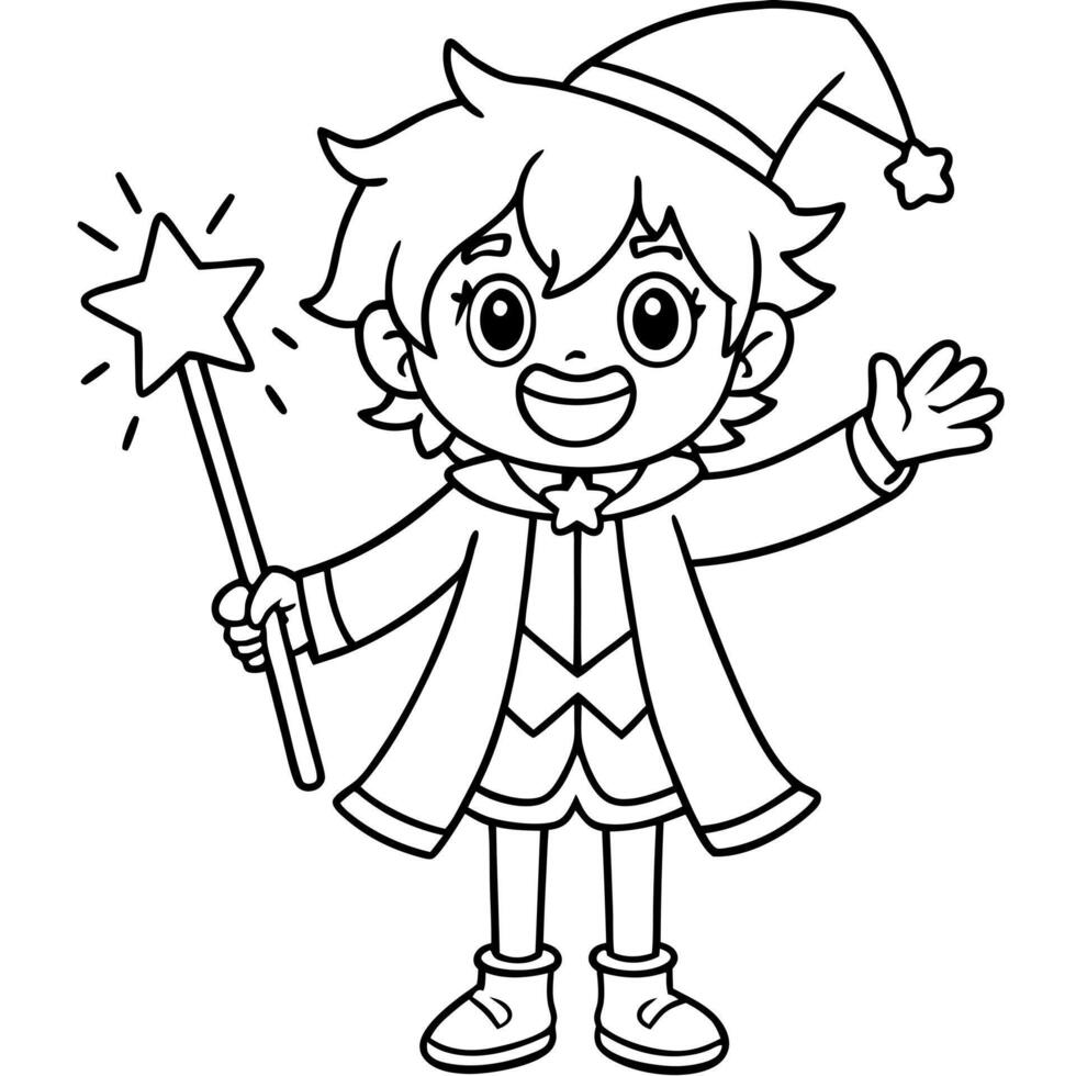 A coloring page with a cartoon wizard holding a wand vector