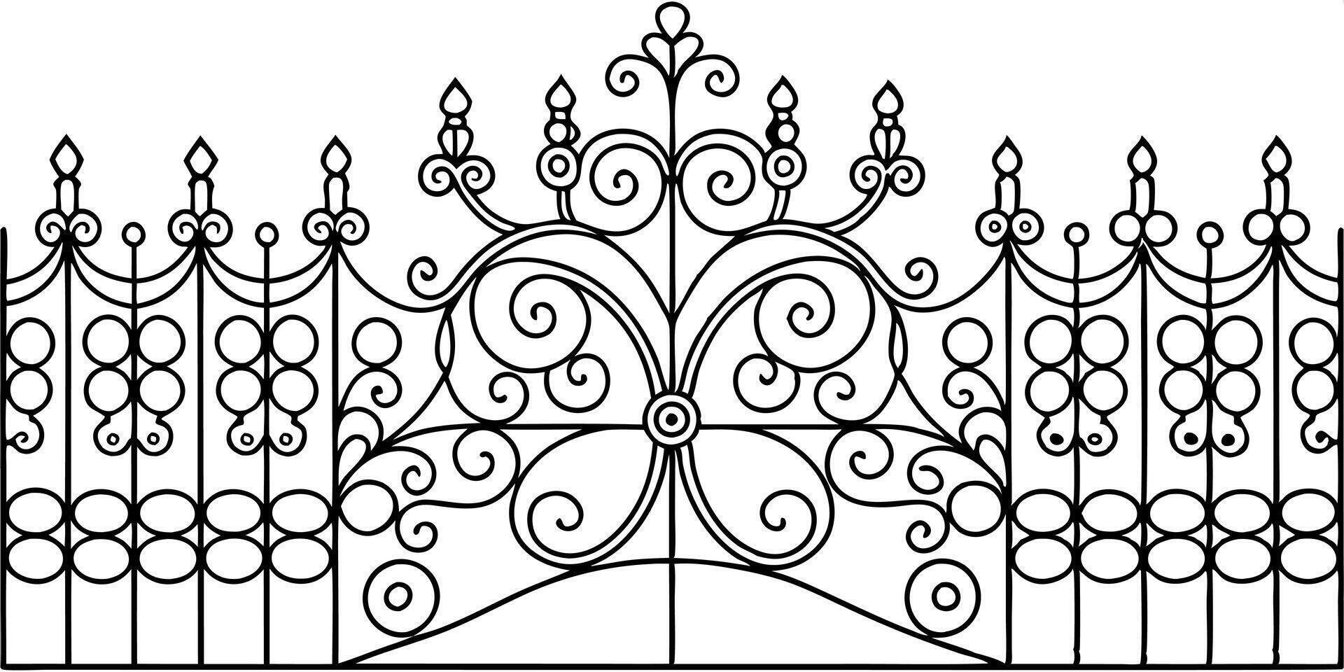 A black and white drawing of a wrought iron gate vector