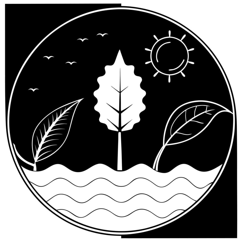 A black and white logo of a tree and water vector