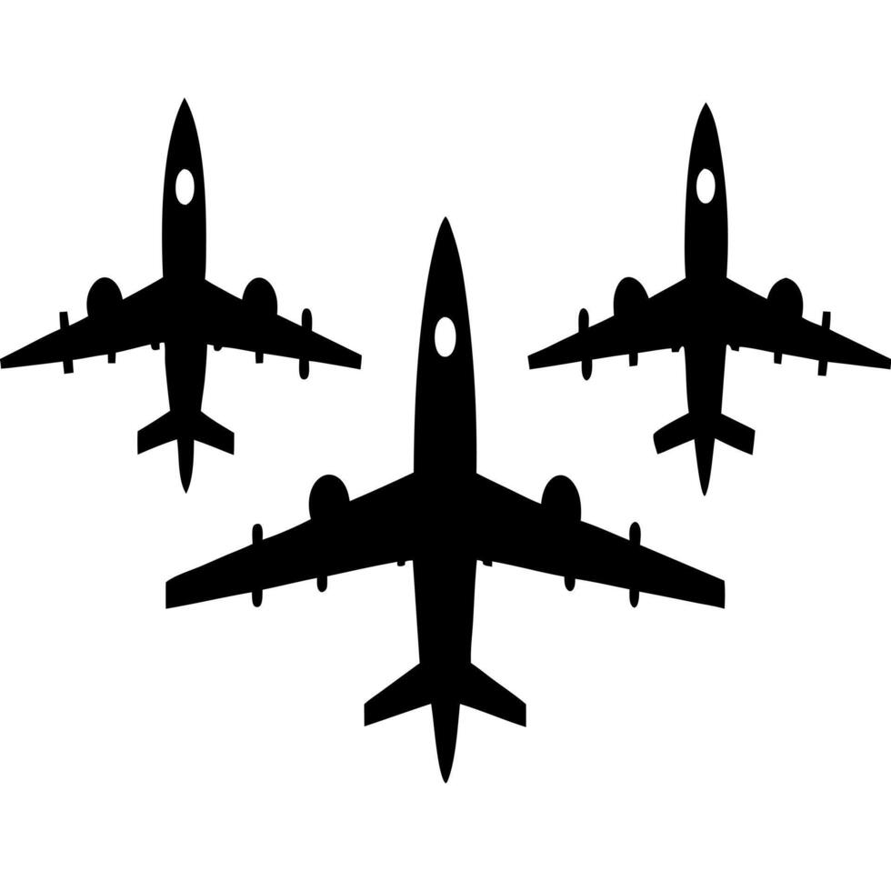 silhouettes of three airplanes in flight, depicted against a plain white background the aircraft vector