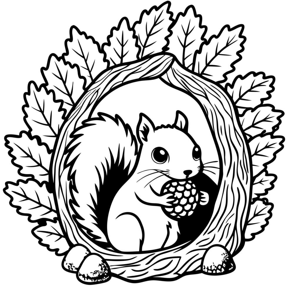 Squirrel in the tree coloring page vector