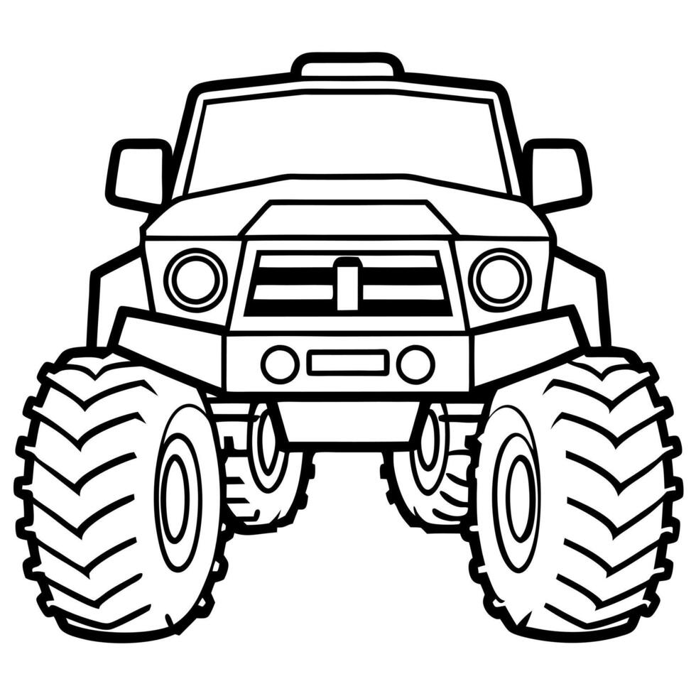 a bold right-side outline of a monster truck, showcasing massive, deep-tread tires and a lifted vector