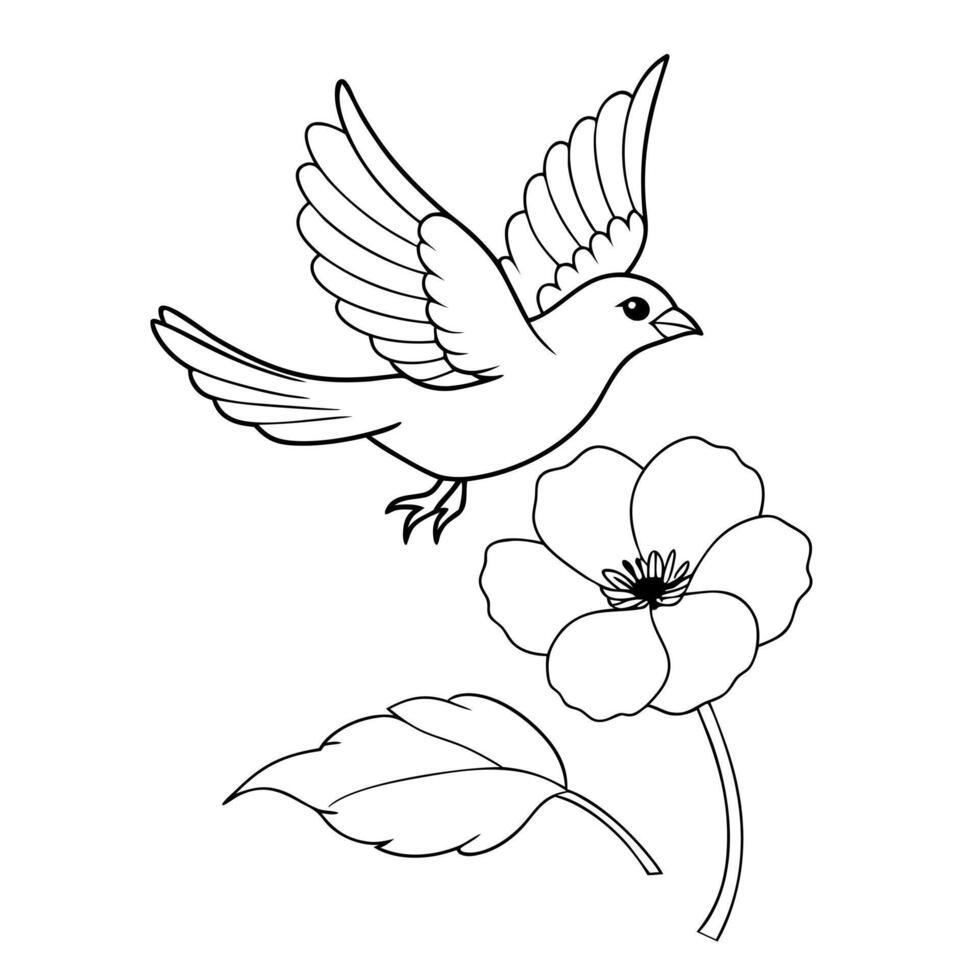 A bird flying over a flower coloring page vector