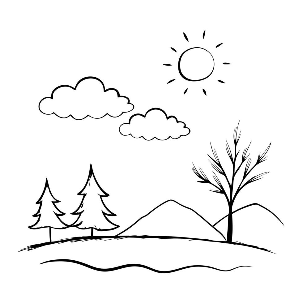 Winter landscape with trees and sun illustration vector