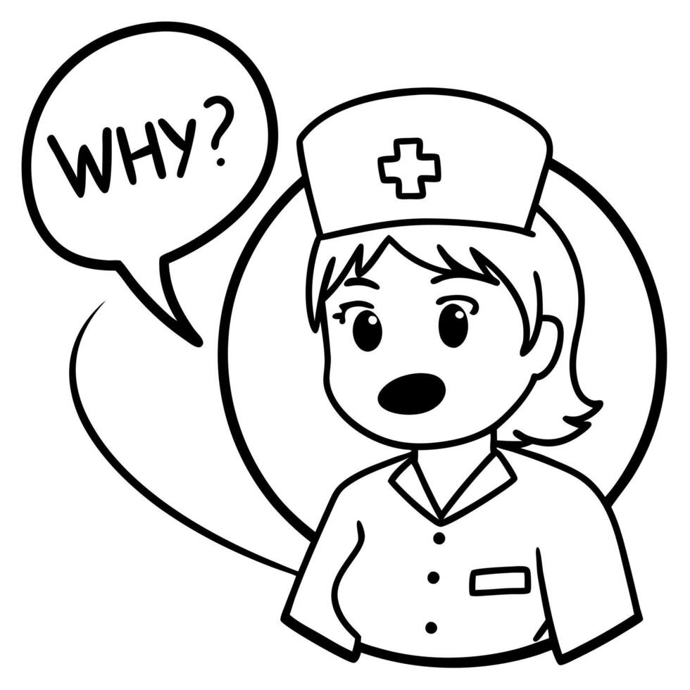 a picture of a nurse saying why with a speech bubble, illustration line art vector