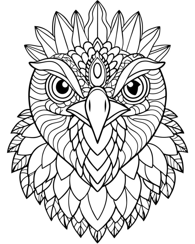 An owl head with a black and white coloring page vector