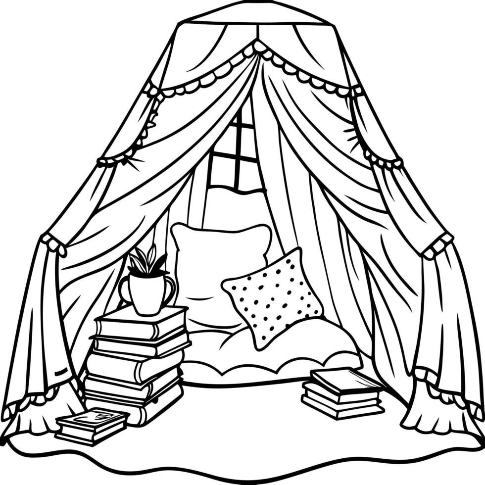 A tent with books and a pillow coloring page vector