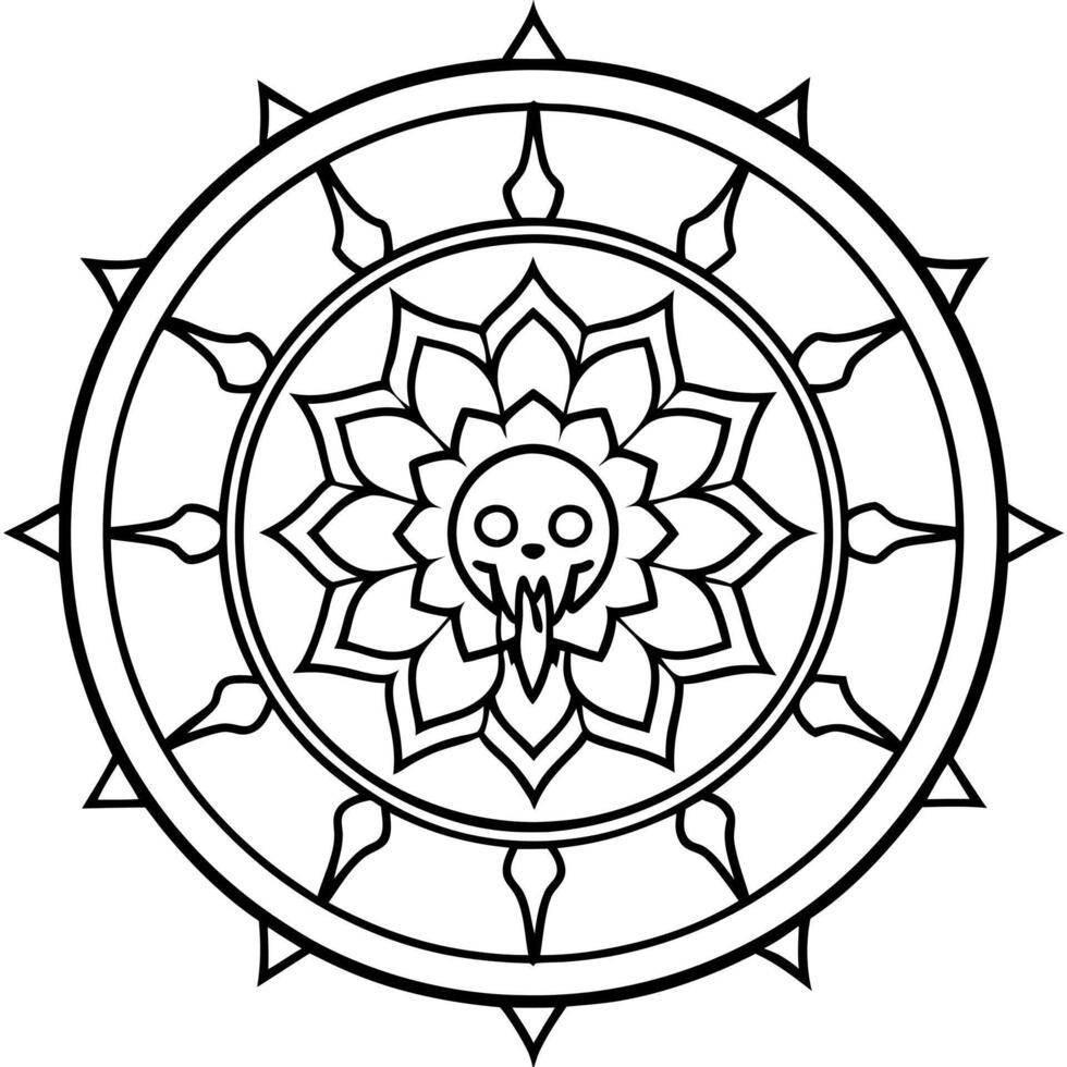 A black and white drawing of a mandala with a skull in the center vector