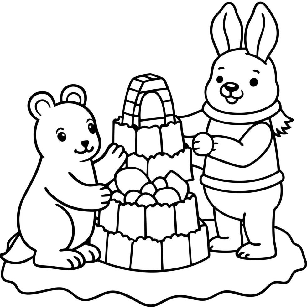 A coloring page with two rabbits and a bear vector
